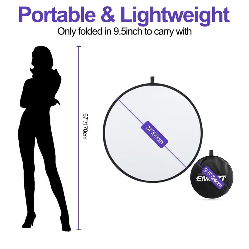 EMART 24'' (60cm) 5 in 1 Photo Collapsible Photography Reflector with Bag - Portable Camera Panel for Studio Video,Outdoor Lighting, Indoor Shooting, Portraint -Translucent, White, Silver, Gold, Black - Image 4